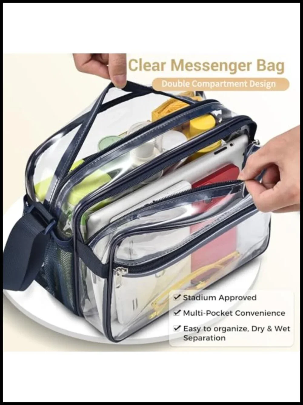 Clear Messenger Bag Stadium Approved 2 Zipper Compartments